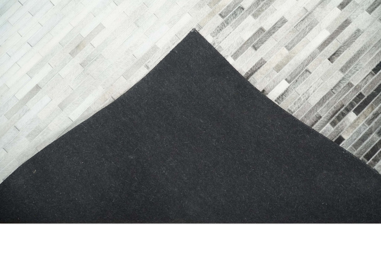 Custom Made Cowhide Leather Striped Gray and Silver Leather Rug, Modern Rug