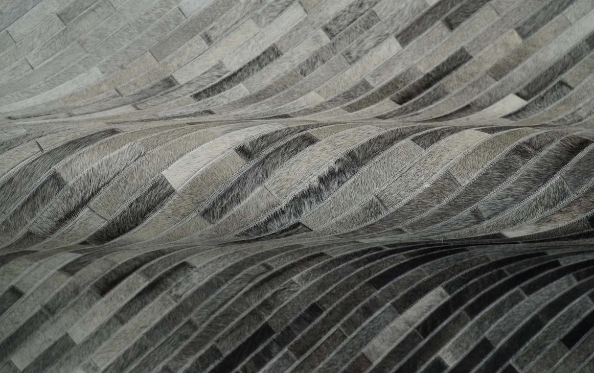 Custom Made Cowhide Leather Striped Gray and Silver Leather Rug, Modern Rug
