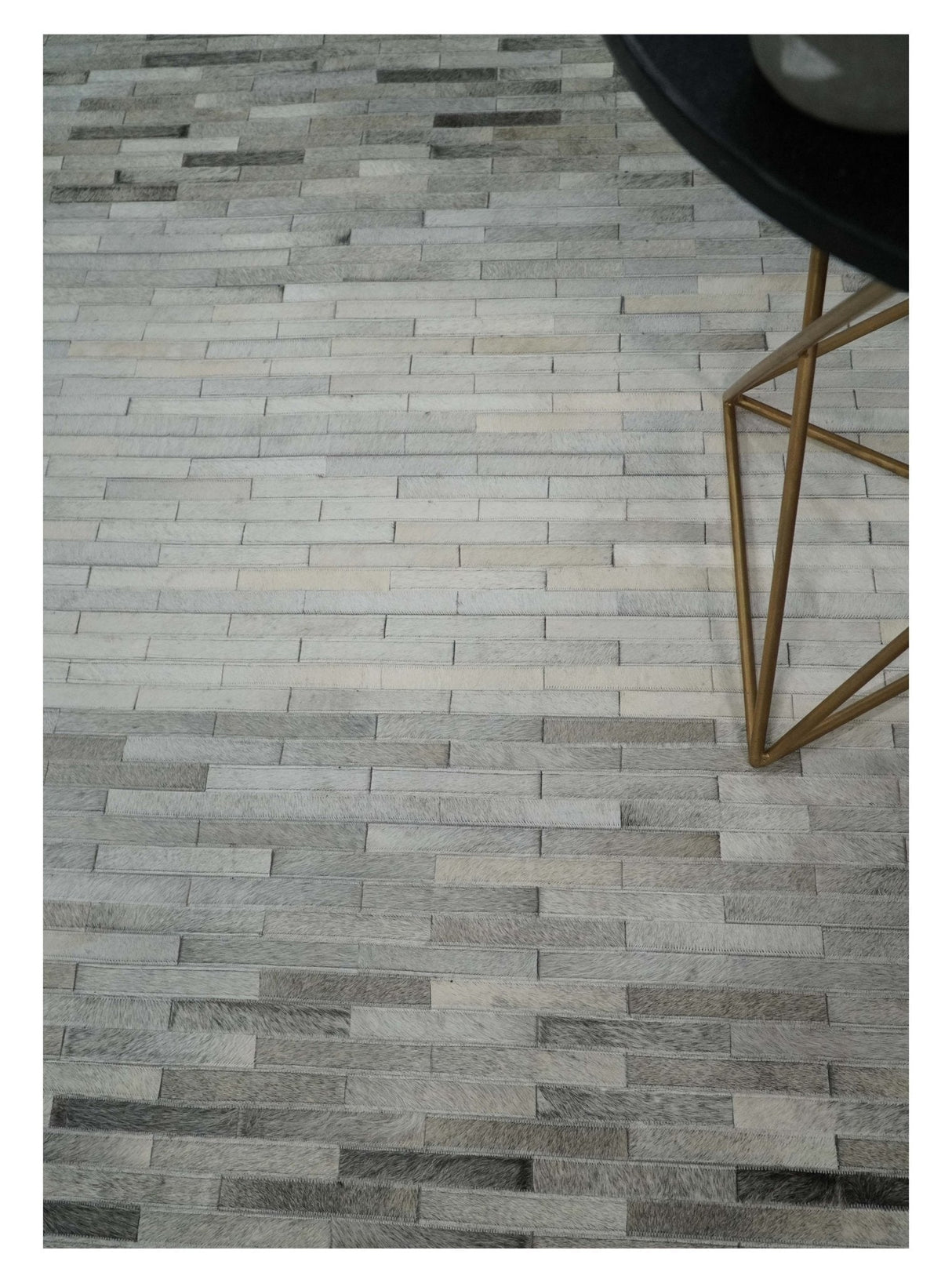 Custom Made Cowhide Leather Striped Gray and Silver Leather Rug, Modern Rug