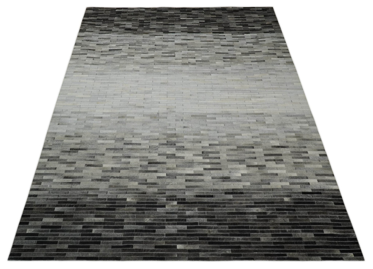 Custom Made Cowhide Leather Striped Gray and Silver Leather Rug, Modern Rug