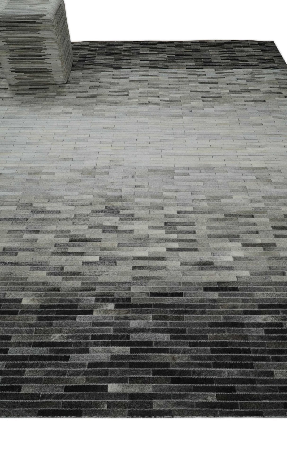 Custom Made Cowhide Leather Striped Gray and Silver Leather Rug, Modern Rug