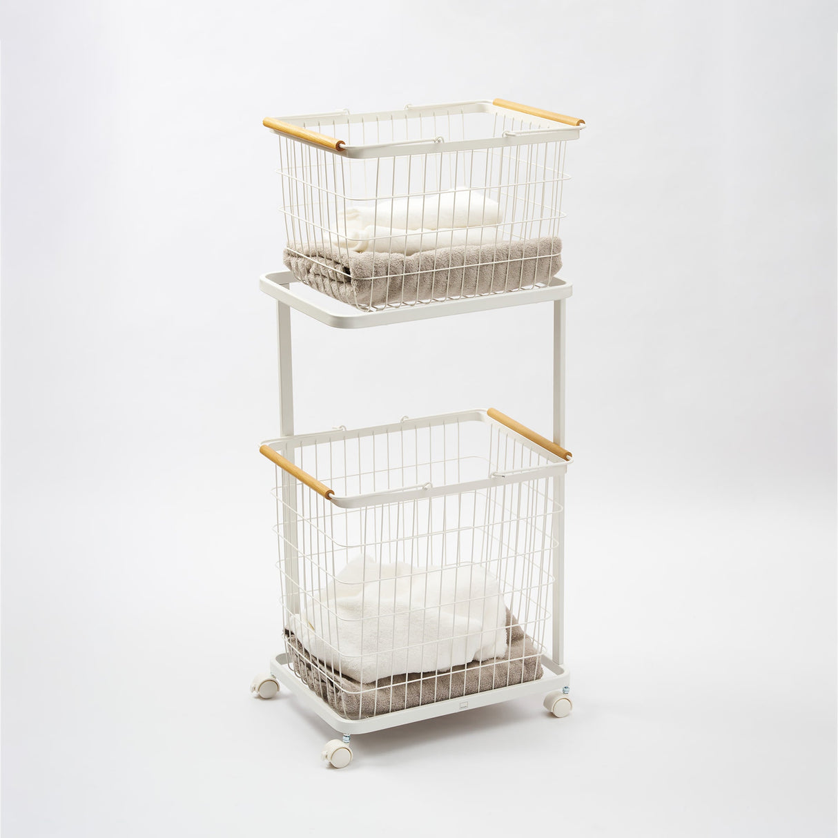 Rolling Laundry Cart + Wire Baskets (38" H) - Steel + Wood