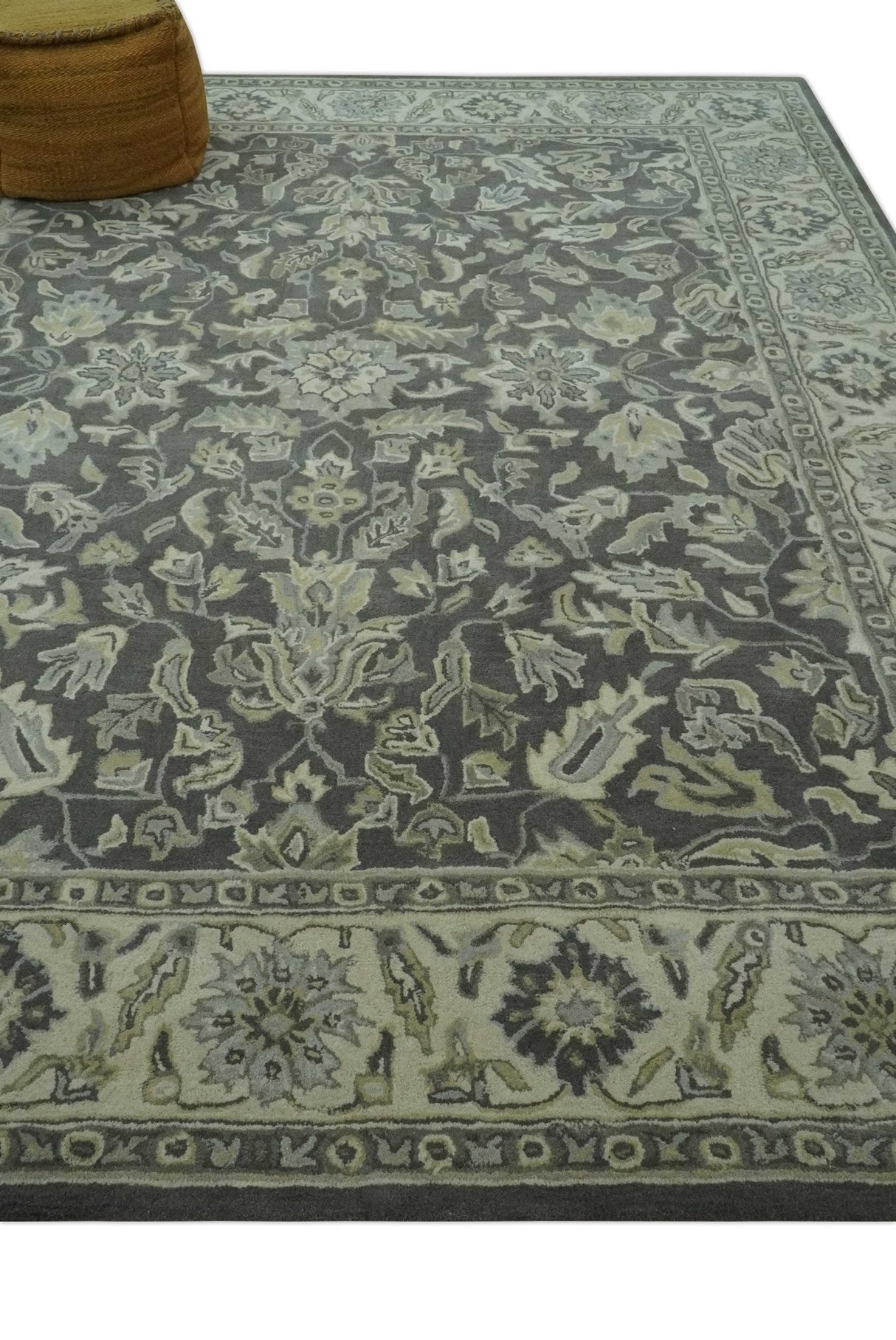 Custom Made Antique Design Charcoal and Beige Traditional Floral Hand Tufted rug