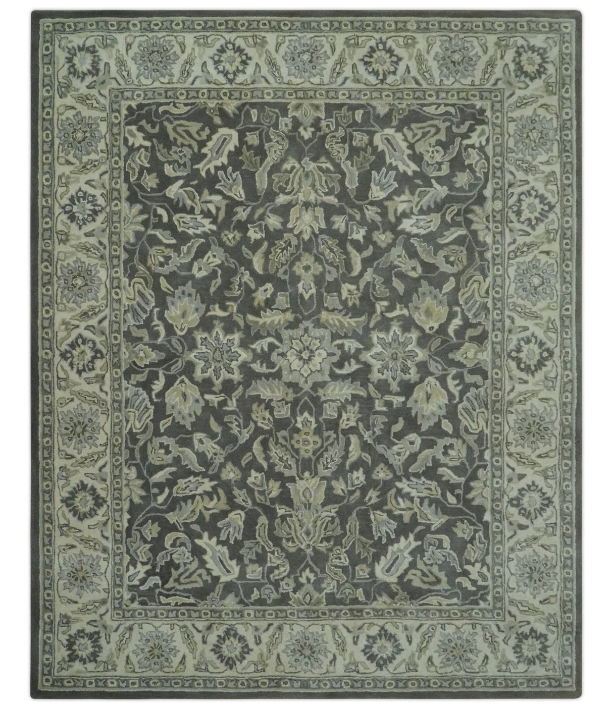Custom Made Antique Design Charcoal and Beige Traditional Floral Hand Tufted rug