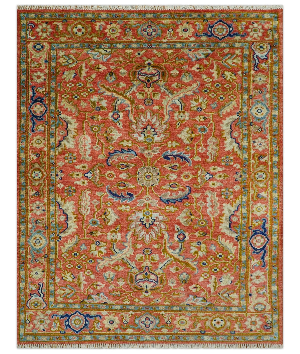 Custom Made Antique Floral Style Rust, Teal, Ivory and Olive Hand Knotted Oriental Oushak Wool Area Rug