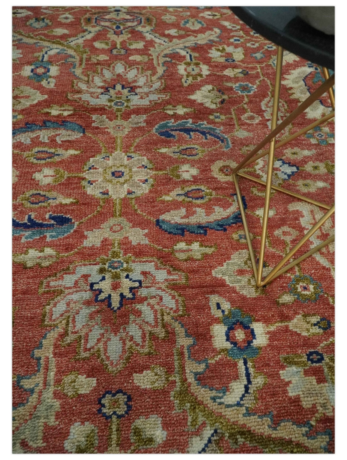 Custom Made Antique Floral Style Rust, Teal, Ivory and Olive Hand Knotted Oriental Oushak Wool Area Rug