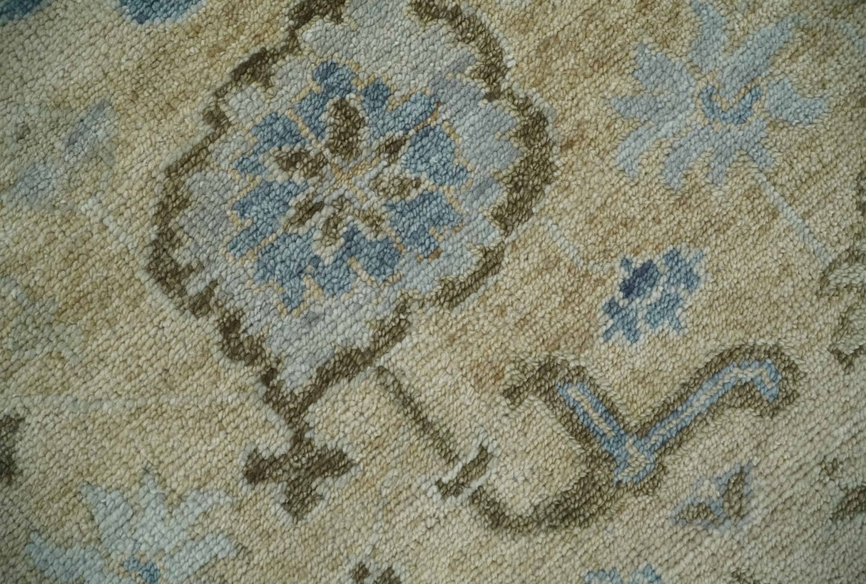 Custom Made Antique Style Beige and Blue Hand knotted Oushak wool Area Rug