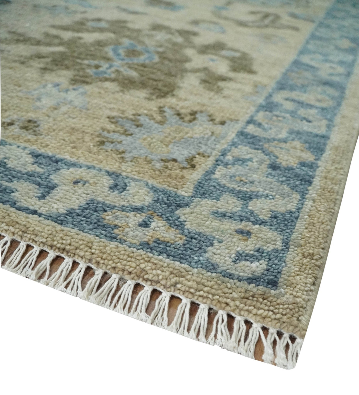 Custom Made Antique Style Beige and Blue Hand knotted Oushak wool Area Rug