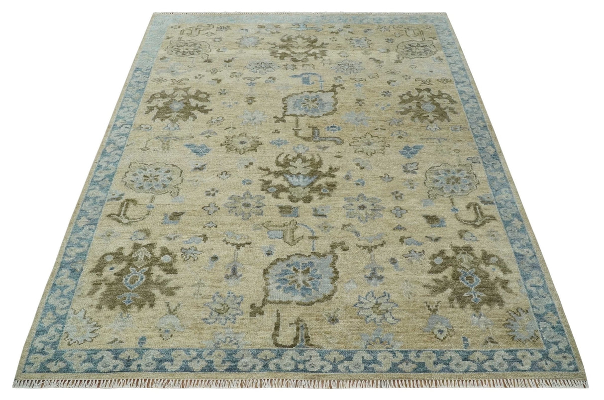 Custom Made Antique Style Beige and Blue Hand knotted Oushak wool Area Rug