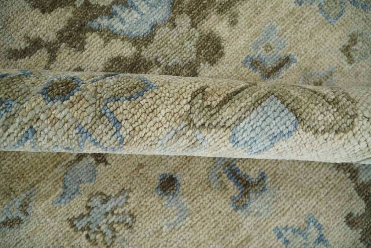 Custom Made Antique Style Beige and Blue Hand knotted Oushak wool Area Rug