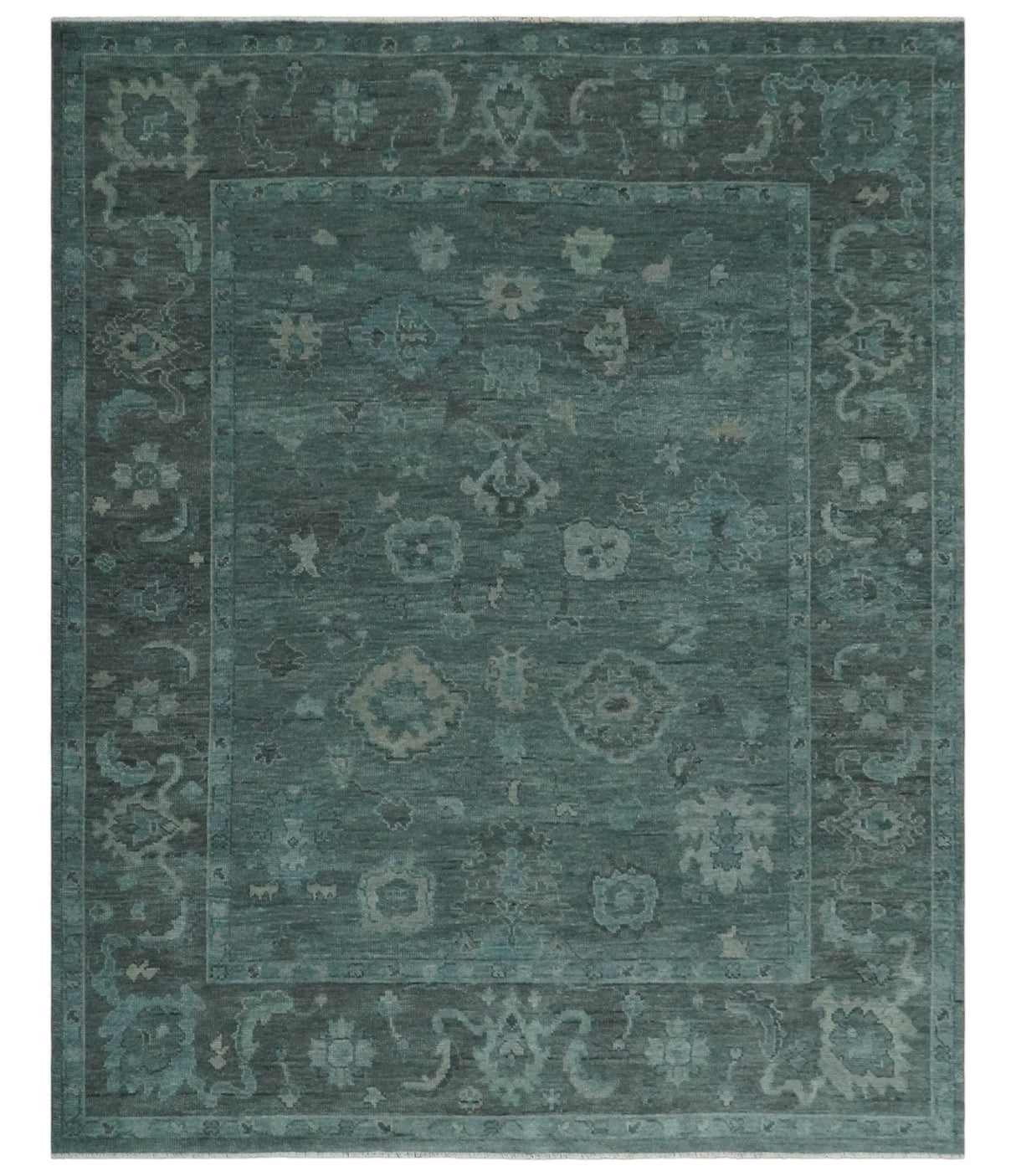 Custom Made Antique Style Blue and Charcoal Hand Knotted Oushak Wool Area Rug