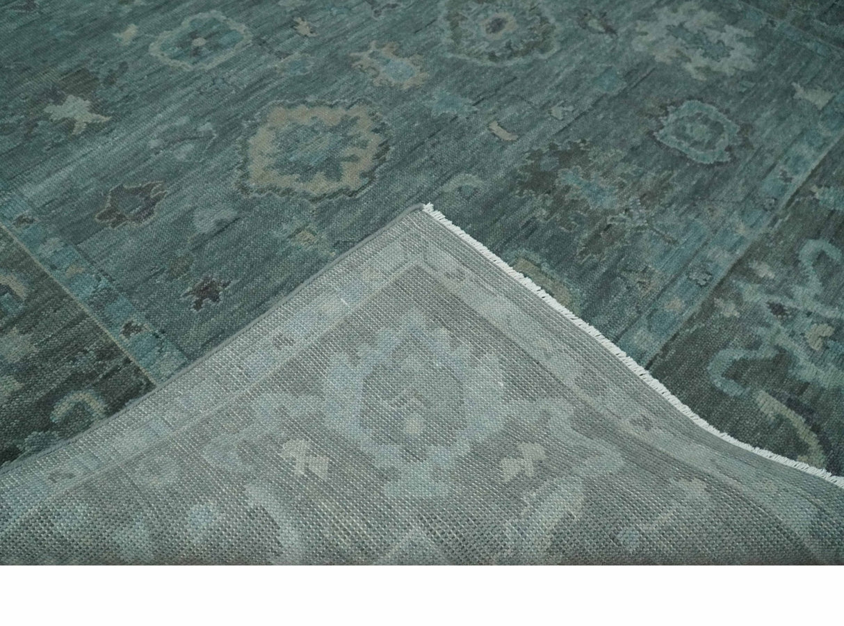 Custom Made Antique Style Blue and Charcoal Hand Knotted Oushak Wool Area Rug