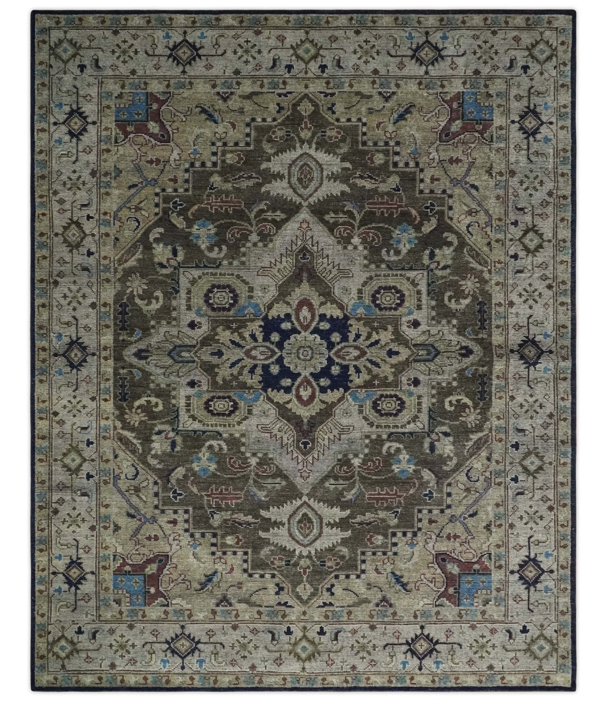 Custom Made Antique Style Brown, Beige and Blue Traditional wool Area Rug