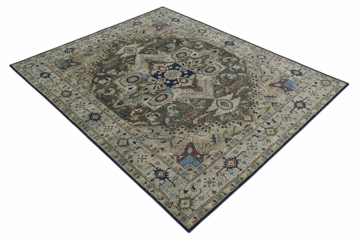 Custom Made Antique Style Brown, Beige and Blue Traditional wool Area Rug