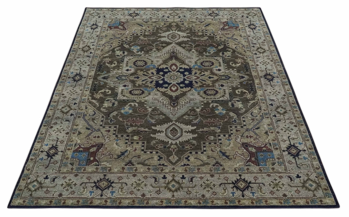 Custom Made Antique Style Brown, Beige and Blue Traditional wool Area Rug