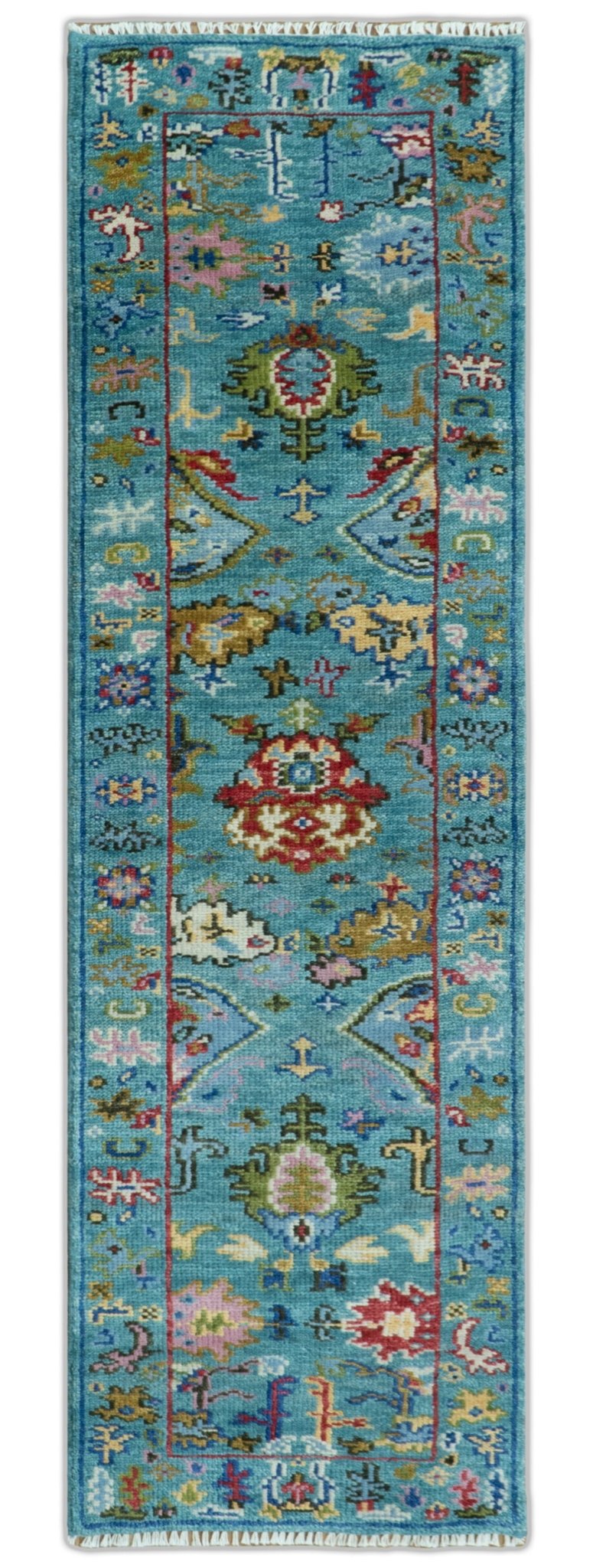 Custom Made Antique Style Hand Knotted Teal and Purple Traditional Oushak Multi Size Wool Rug