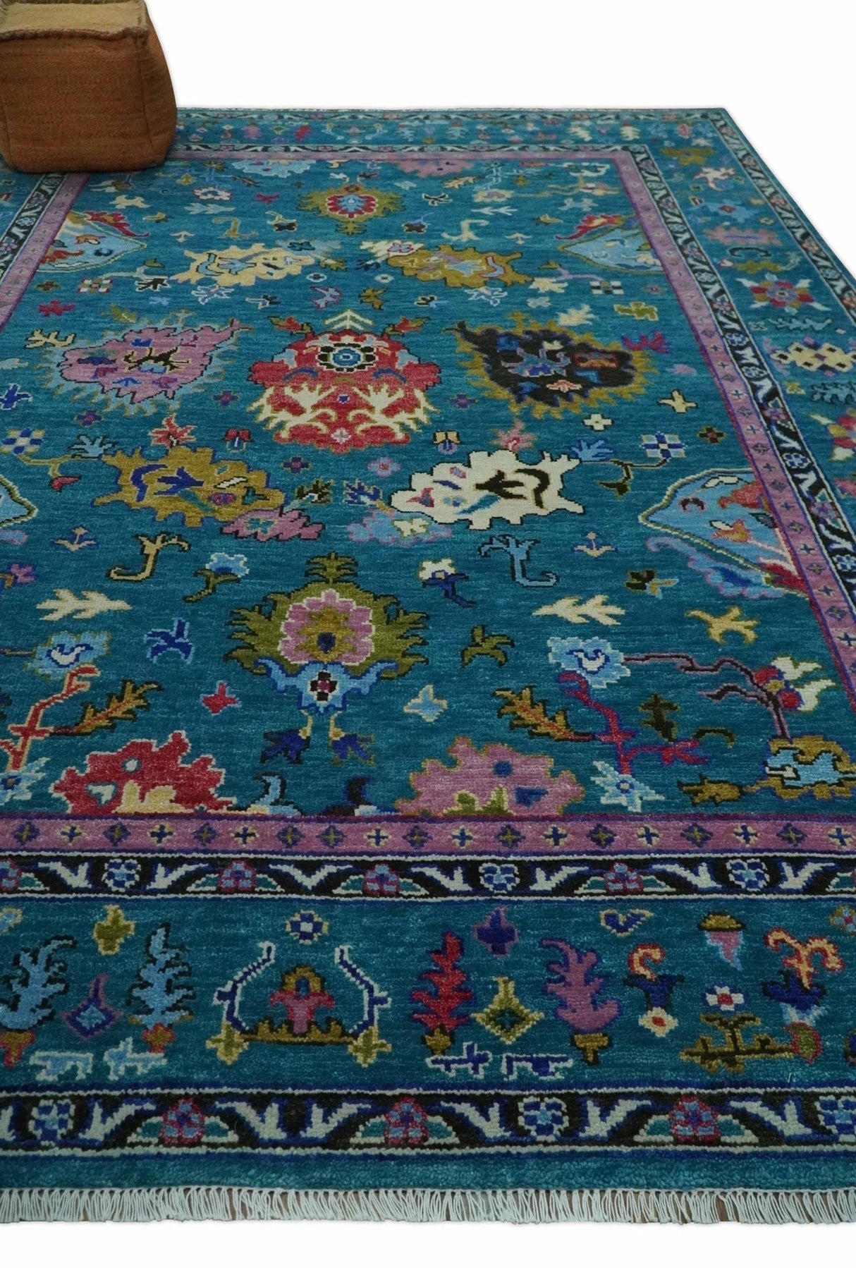 Custom Made Antique Style Hand Knotted Teal and Purple Traditional Oushak Multi Size Wool Rug