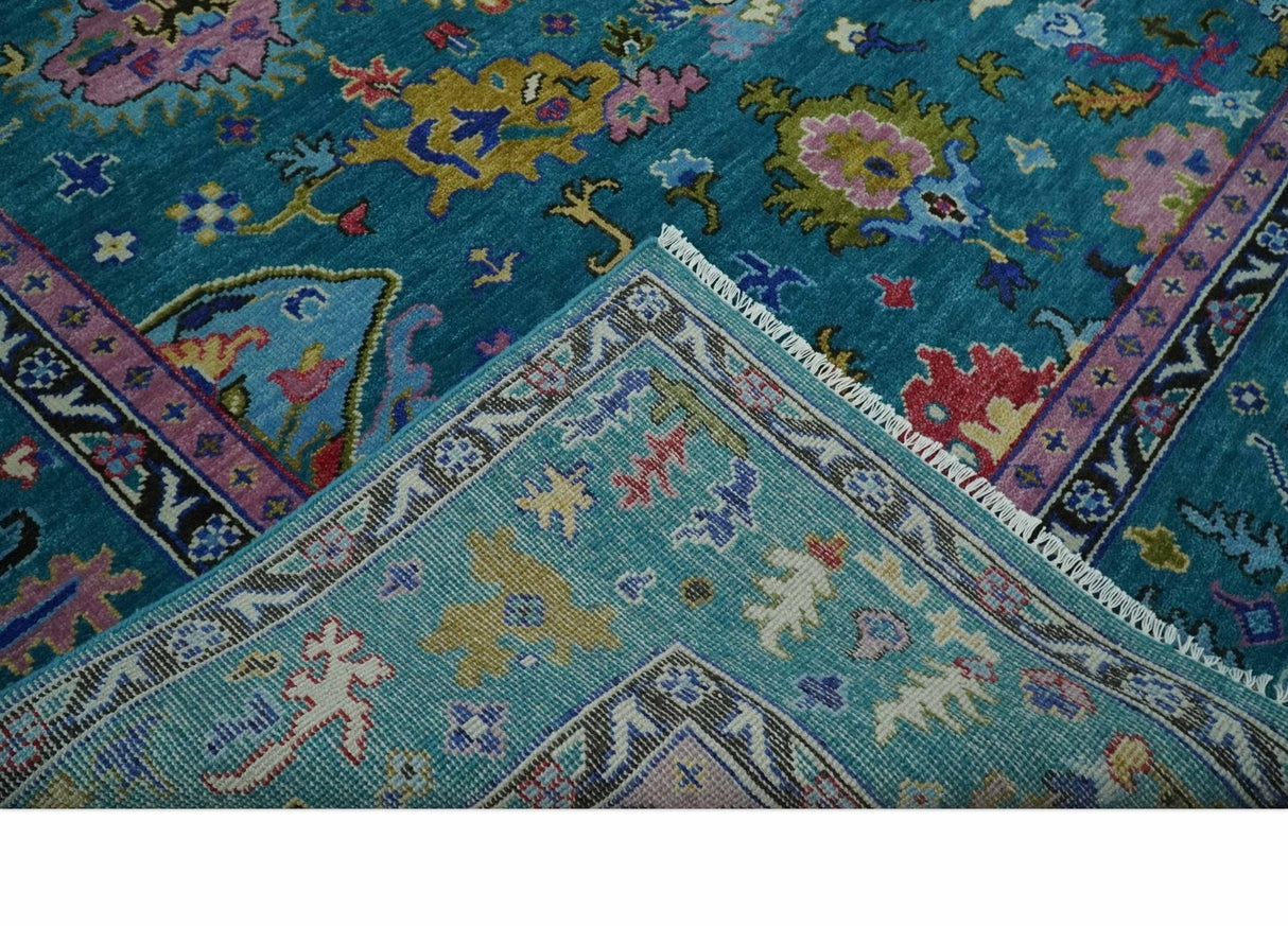Custom Made Antique Style Hand Knotted Teal and Purple Traditional Oushak Multi Size Wool Rug