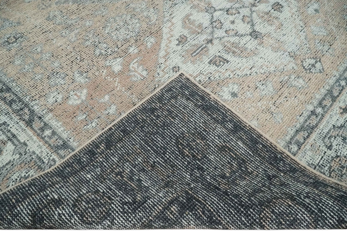 Custom Made Antique Style Peach, Ivory and Charcoal Hand knotted Traditional Wool Rug