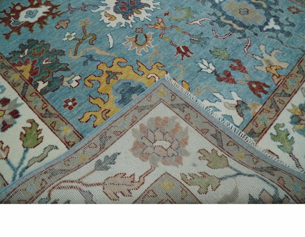 Custom Made Aqua and Ivory hand knotted Vibrant colorful Traditional Oushak Wool Area Rug