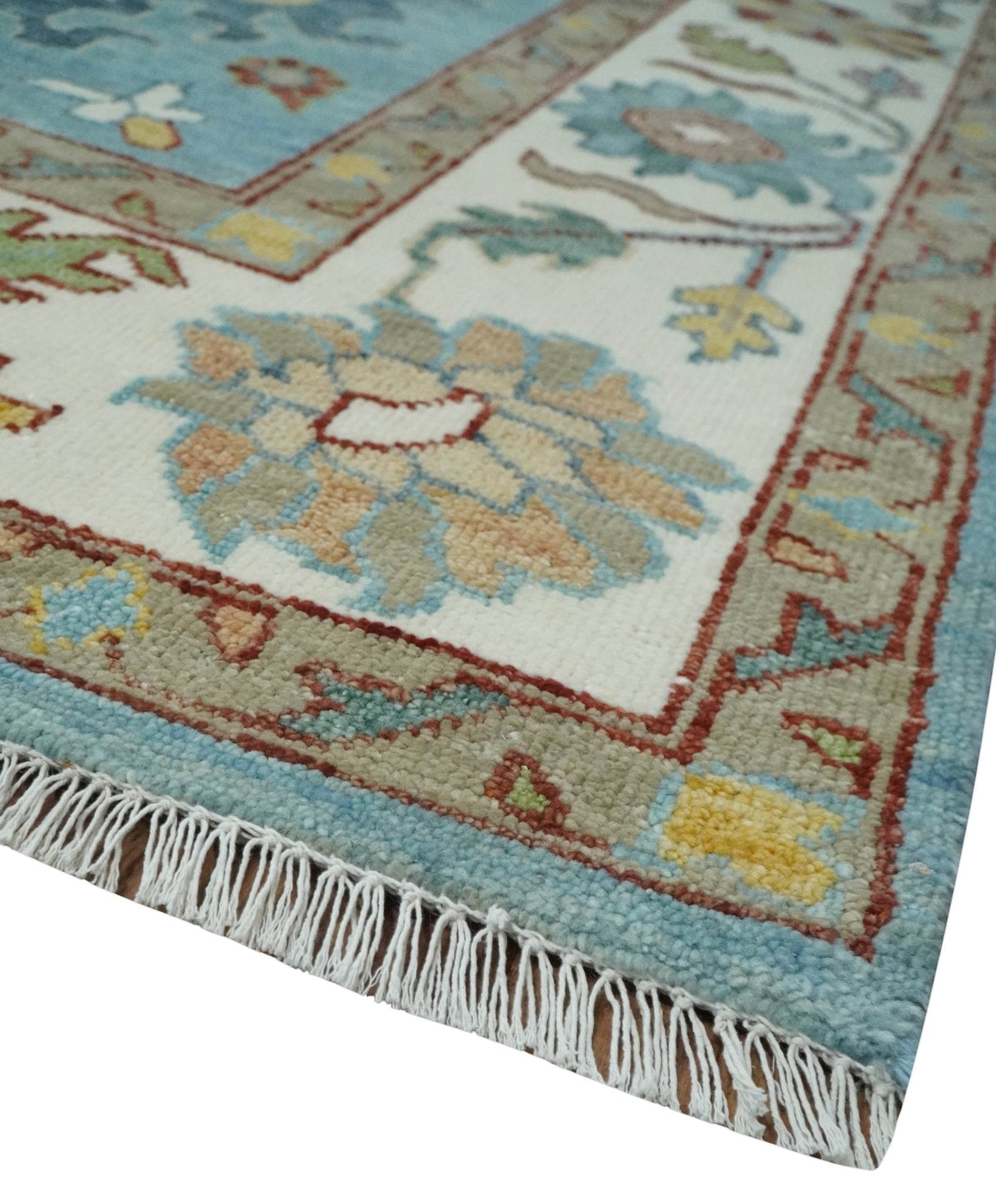Custom Made Aqua and Ivory hand knotted Vibrant colorful Traditional Oushak Wool Area Rug