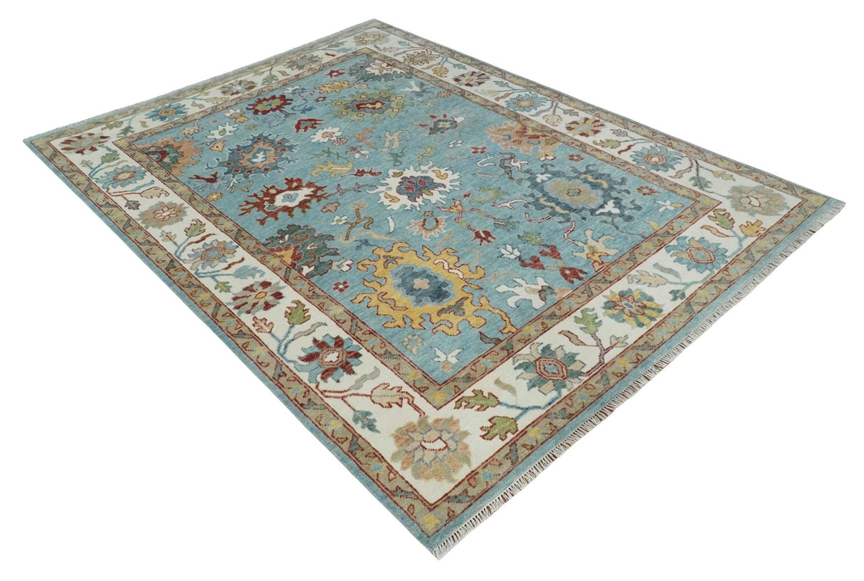 Custom Made Aqua and Ivory hand knotted Vibrant colorful Traditional Oushak Wool Area Rug