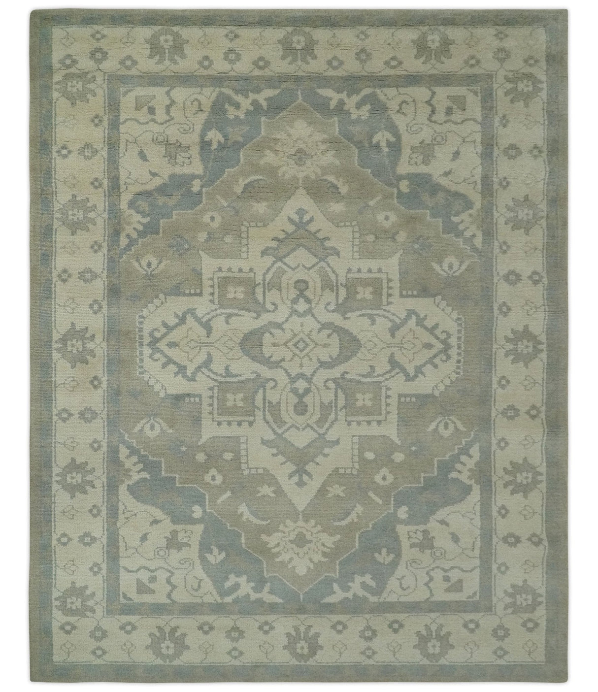 Custom Made Beige and Charcoal Traditional Heriz Medallion Hand Knotted wool Area Rug