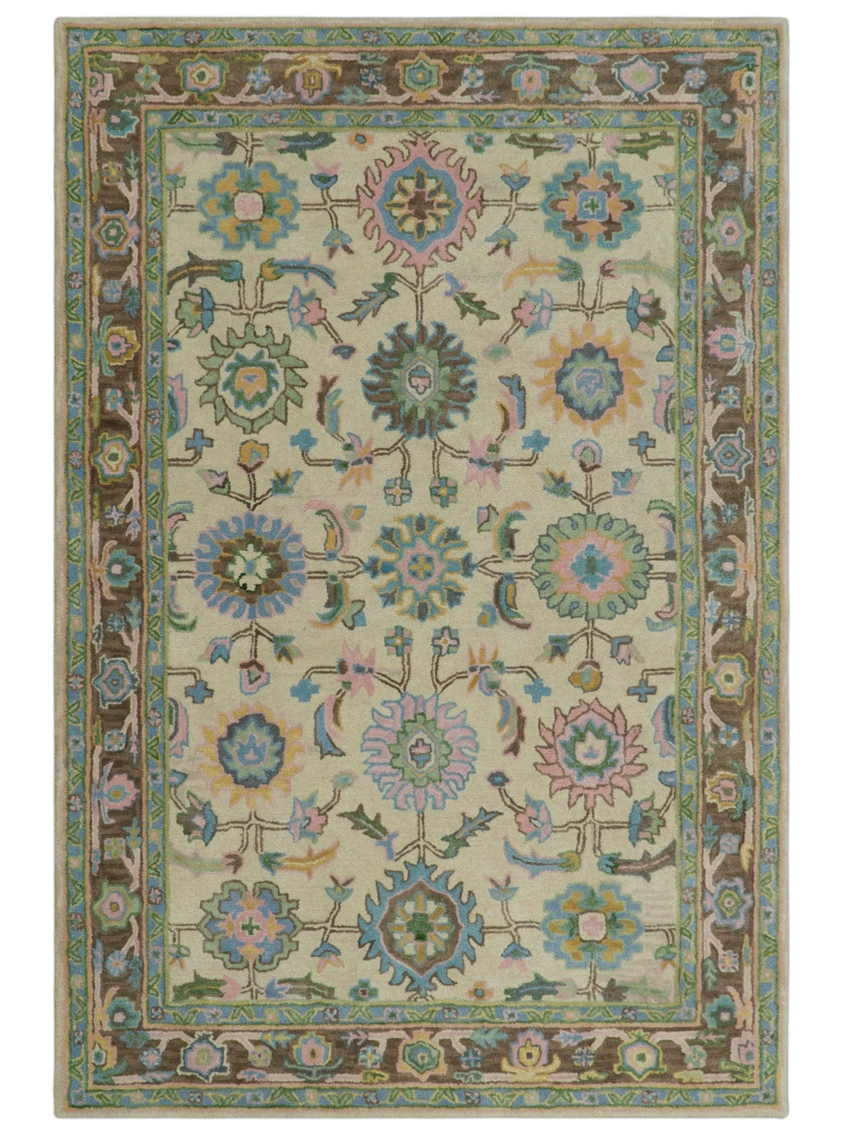 Custom Made Beige, Blue and Purple Traditional Floral Hand Tufted wool rug