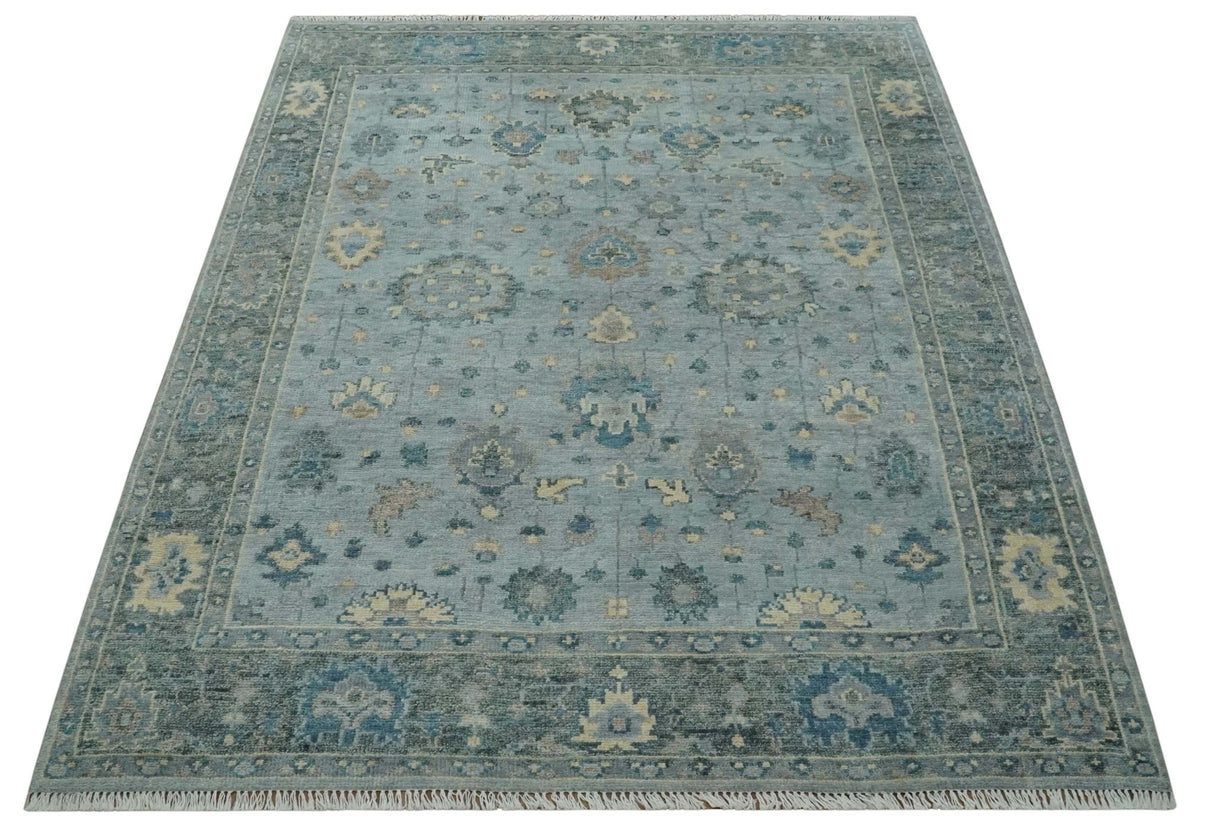 Custom Made Blue and Green Hand knotted traditional Oushak wool Area Rug