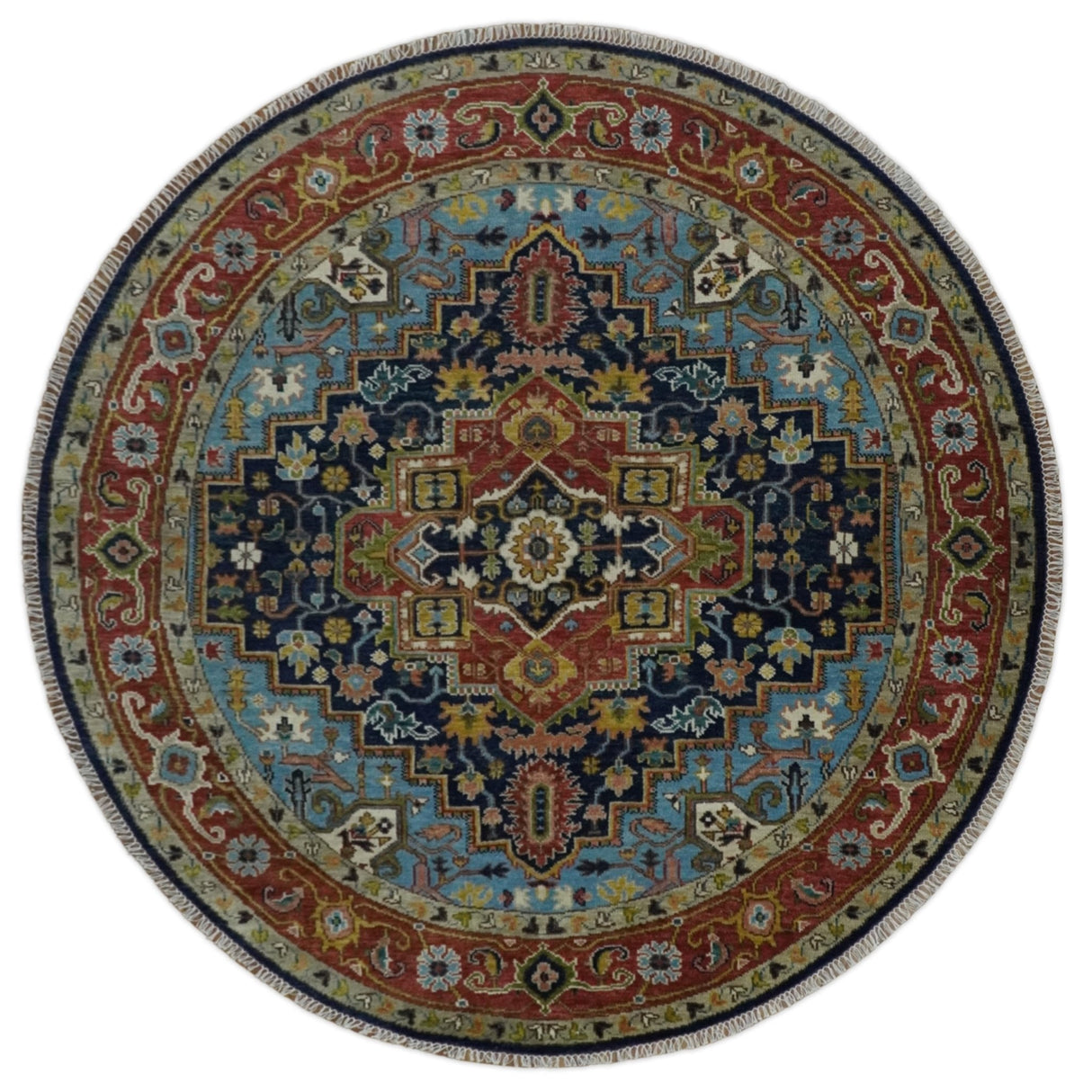 Custom Made Blue and Rust Hand Knotted Wool Antique Style Wool Area Rug