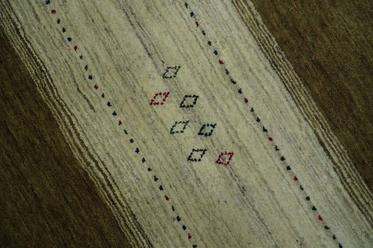 Custom Made Brown and Ivory Geometrical Stripes Design wool Area Rug