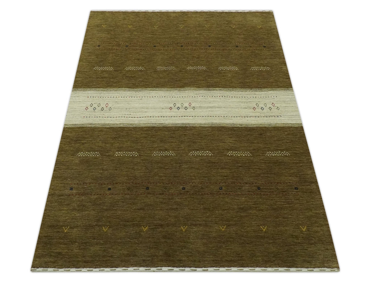 Custom Made Brown and Ivory Geometrical Stripes Design wool Area Rug