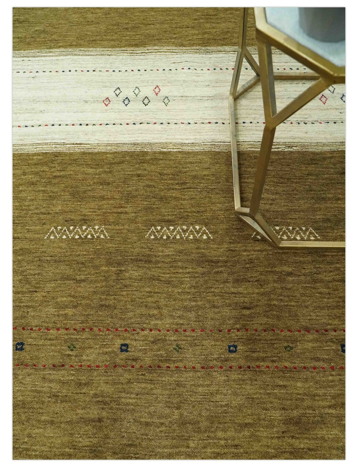 Custom Made Brown and Ivory Geometrical Stripes Design wool Area Rug