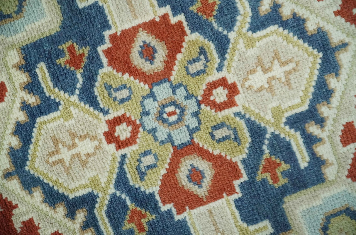 Custom Made Brown, Blue, Ivory and Olive Hand knotted Traditional Heriz Medallion Wool Area Rug
