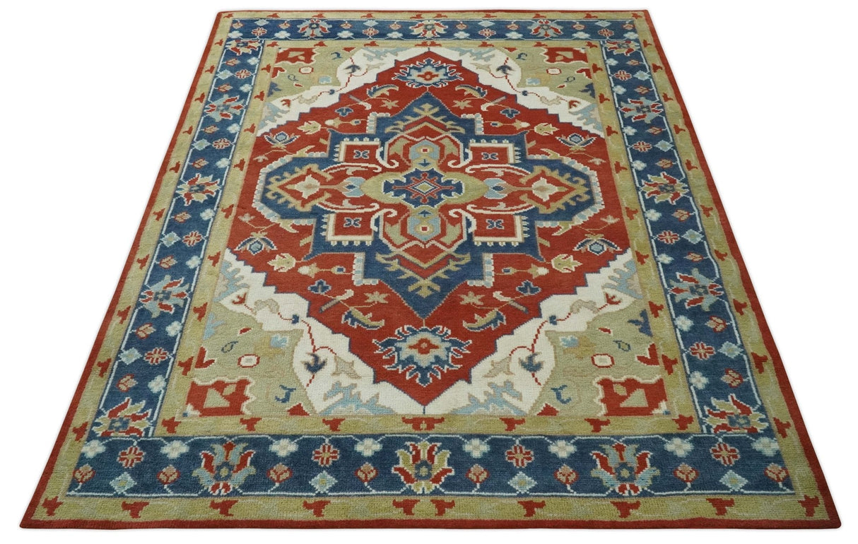 Custom Made Brown, Blue, Ivory and Olive Traditional Heriz Medallion Wool Area Rug