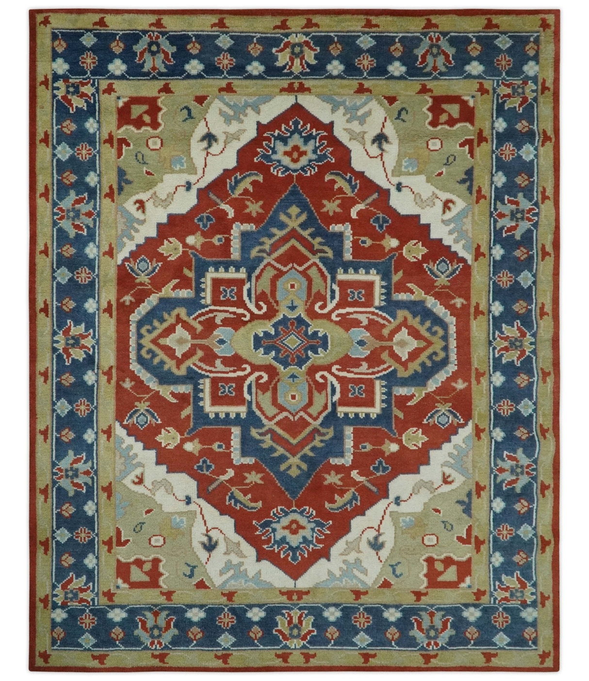 Custom Made Brown, Blue, Ivory and Olive Traditional Heriz Medallion Wool Area Rug