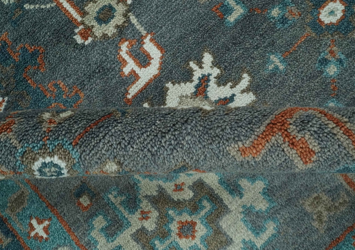 Custom Made Charcoal and Teal Hand knotted Traditional Oushak wool area rug