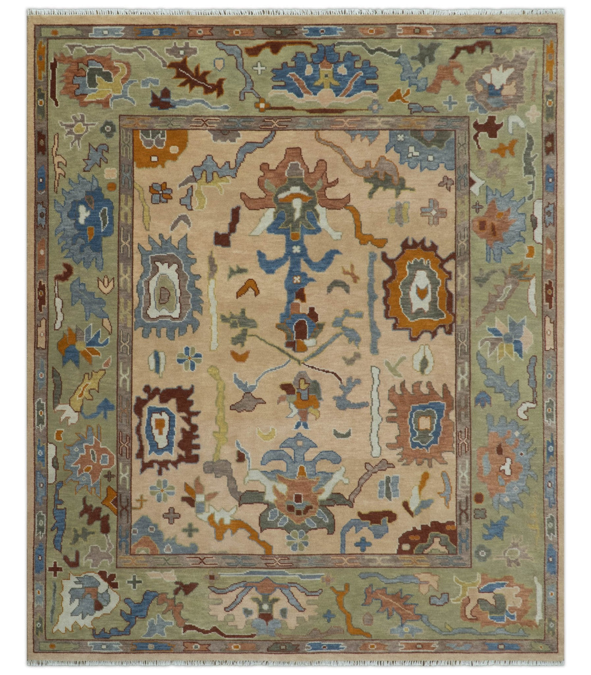 Custom Made Colorful Peach and Green Hand knotted Oushak wool Area Rug