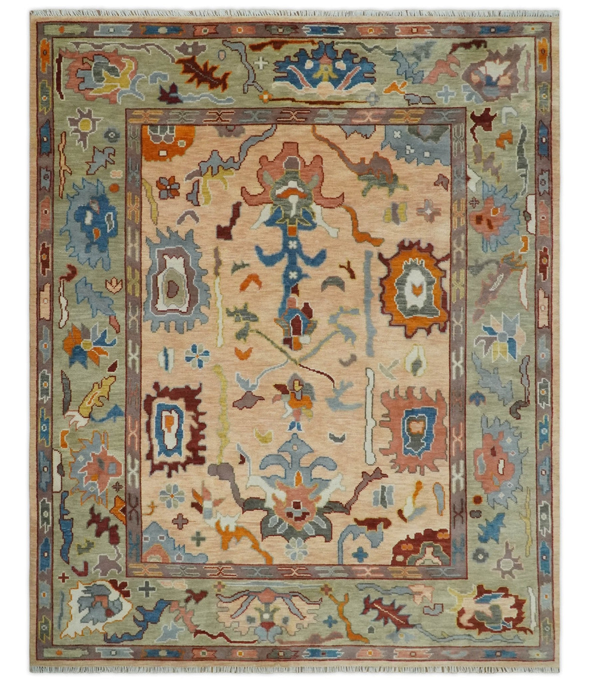 Custom Made Colorful Peach and Green Hand knotted Oushak wool Area Rug