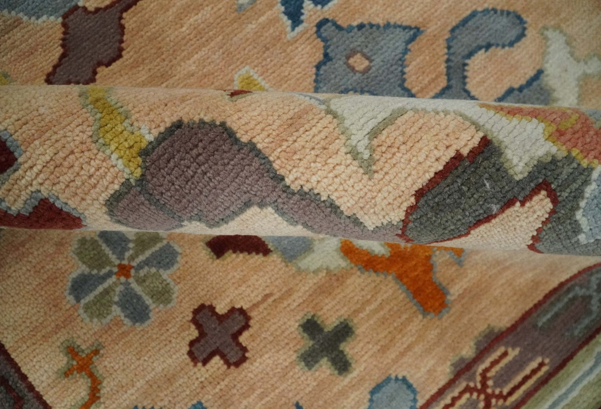 Custom Made Colorful Peach and Green Hand knotted Oushak wool Area Rug