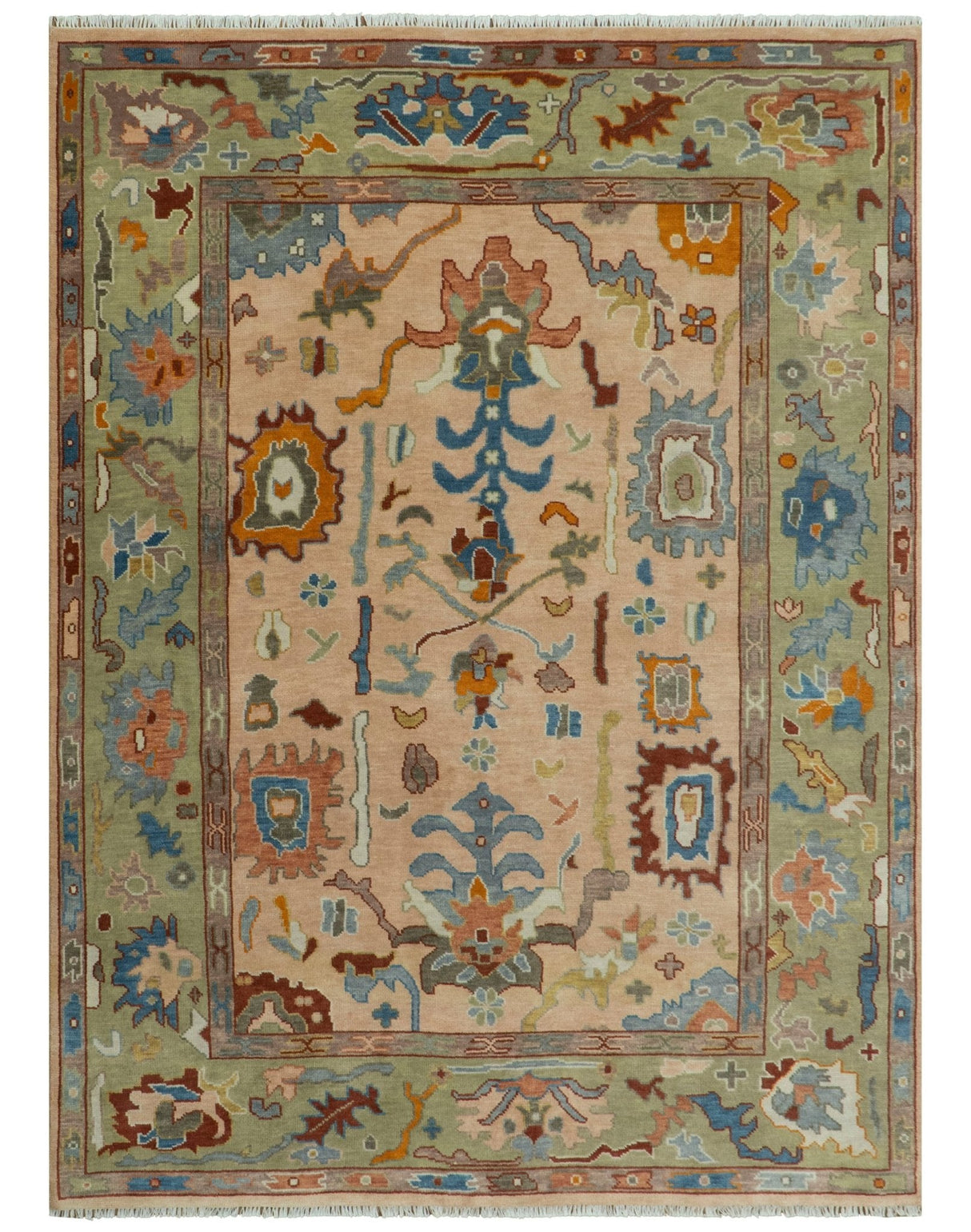 Custom Made Colorful Peach and Green Hand knotted Oushak wool Area Rug