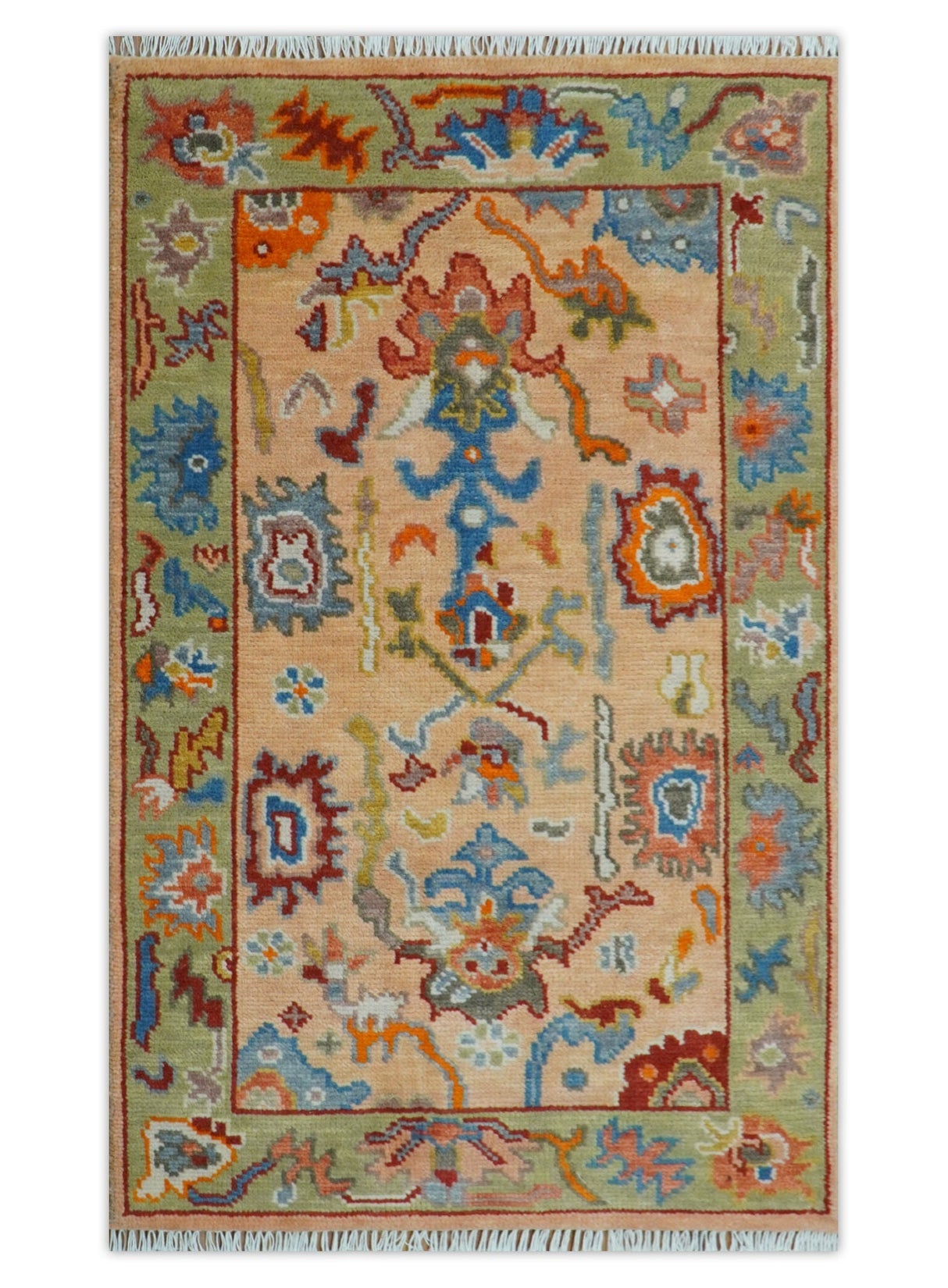 Custom Made Colorful Peach and Green Hand knotted Oushak wool Area Rug