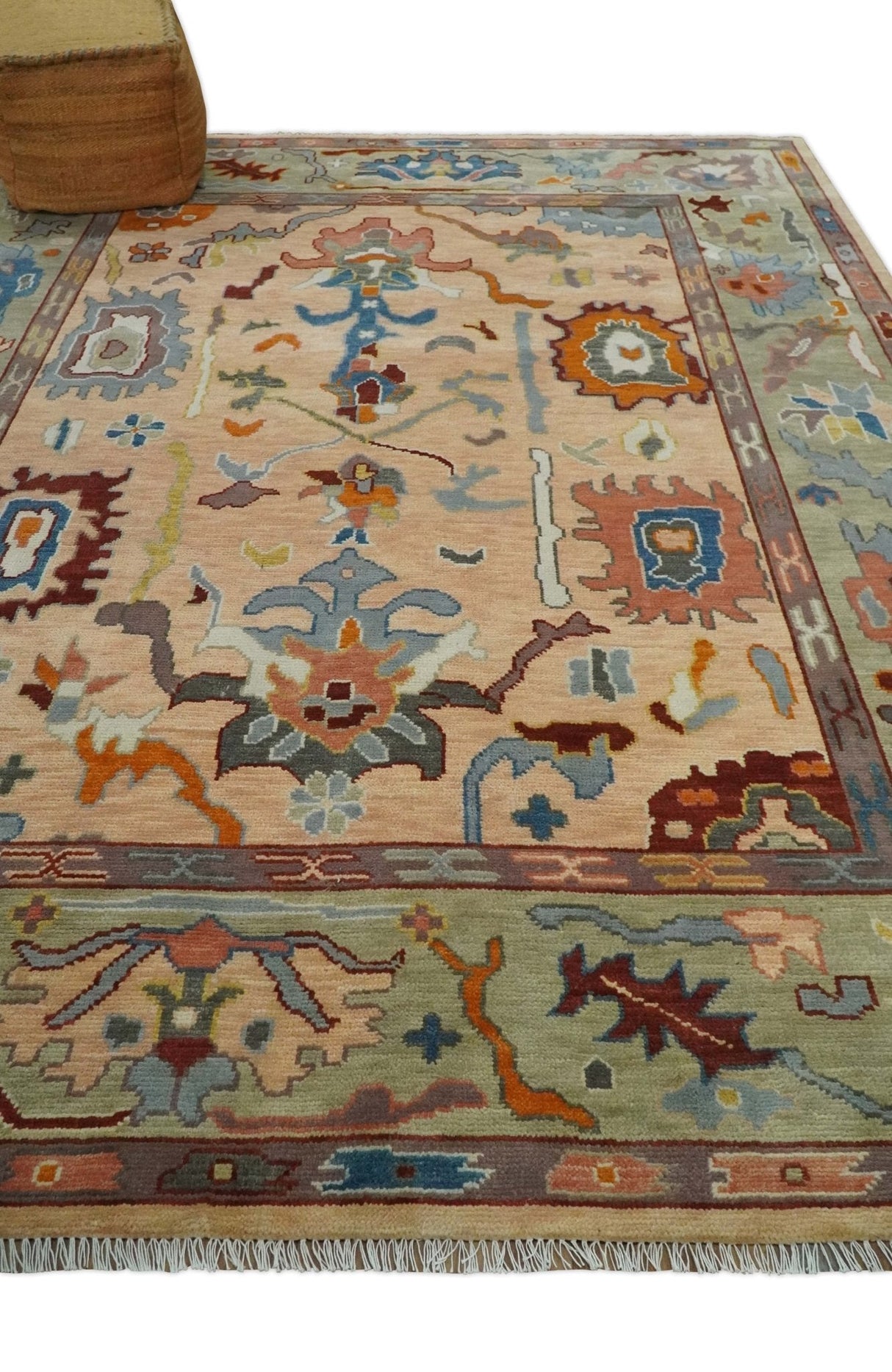 Custom Made Colorful Peach and Green Hand knotted Oushak wool Area Rug