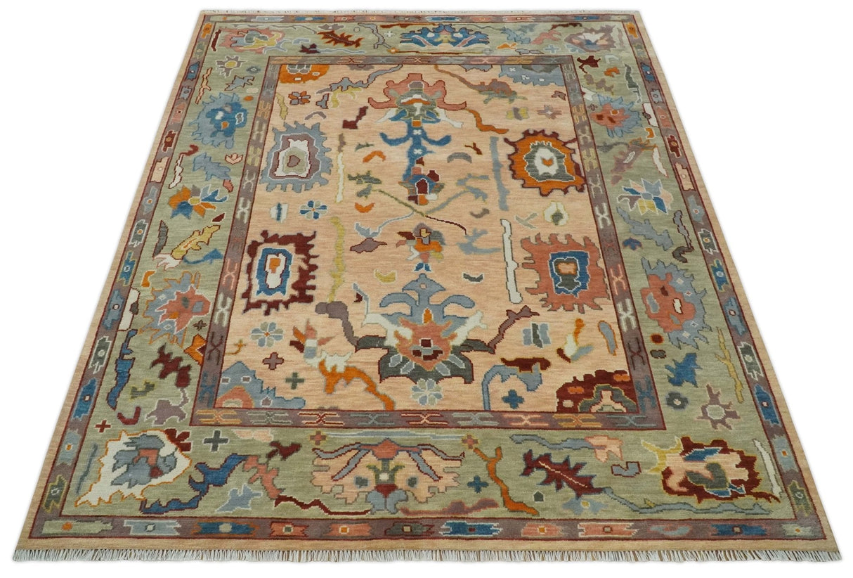 Custom Made Colorful Peach and Green Hand knotted Oushak wool Area Rug