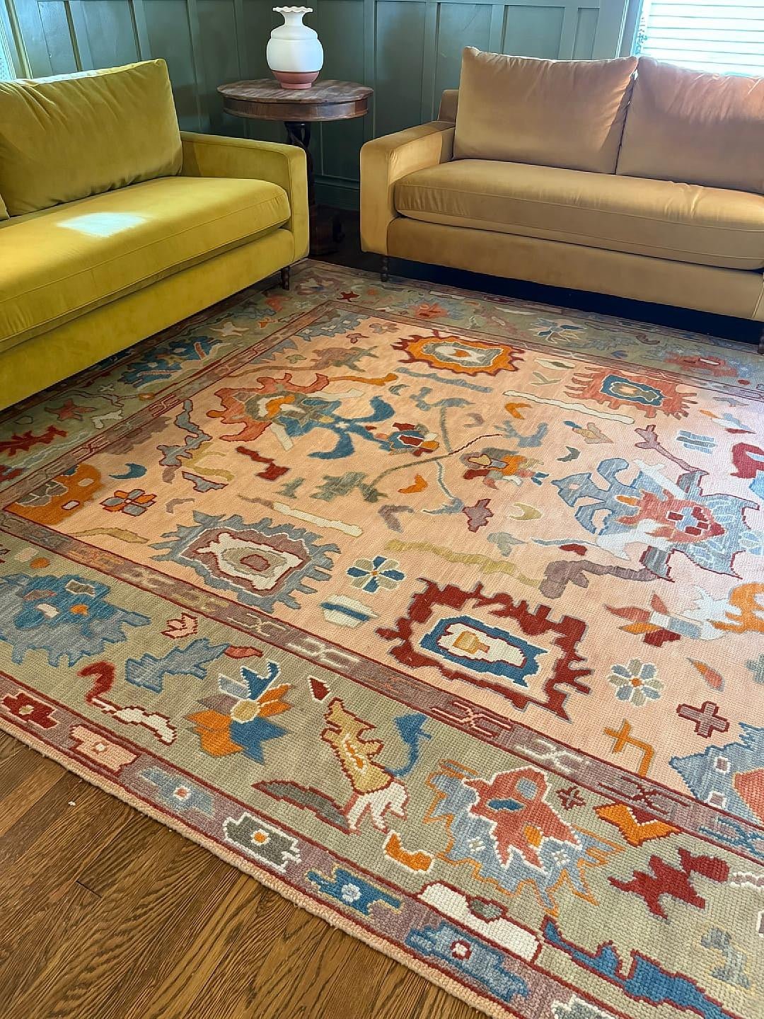 Custom Made Colorful Peach and Green Hand knotted Oushak wool Area Rug