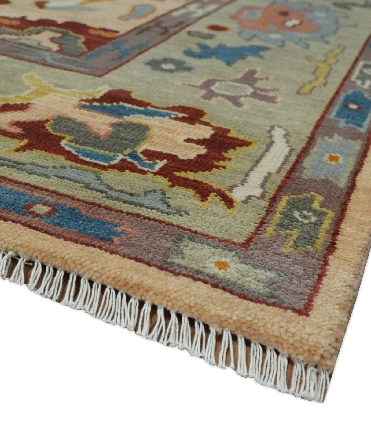 Custom Made Colorful Peach and Green Hand knotted Oushak wool Area Rug