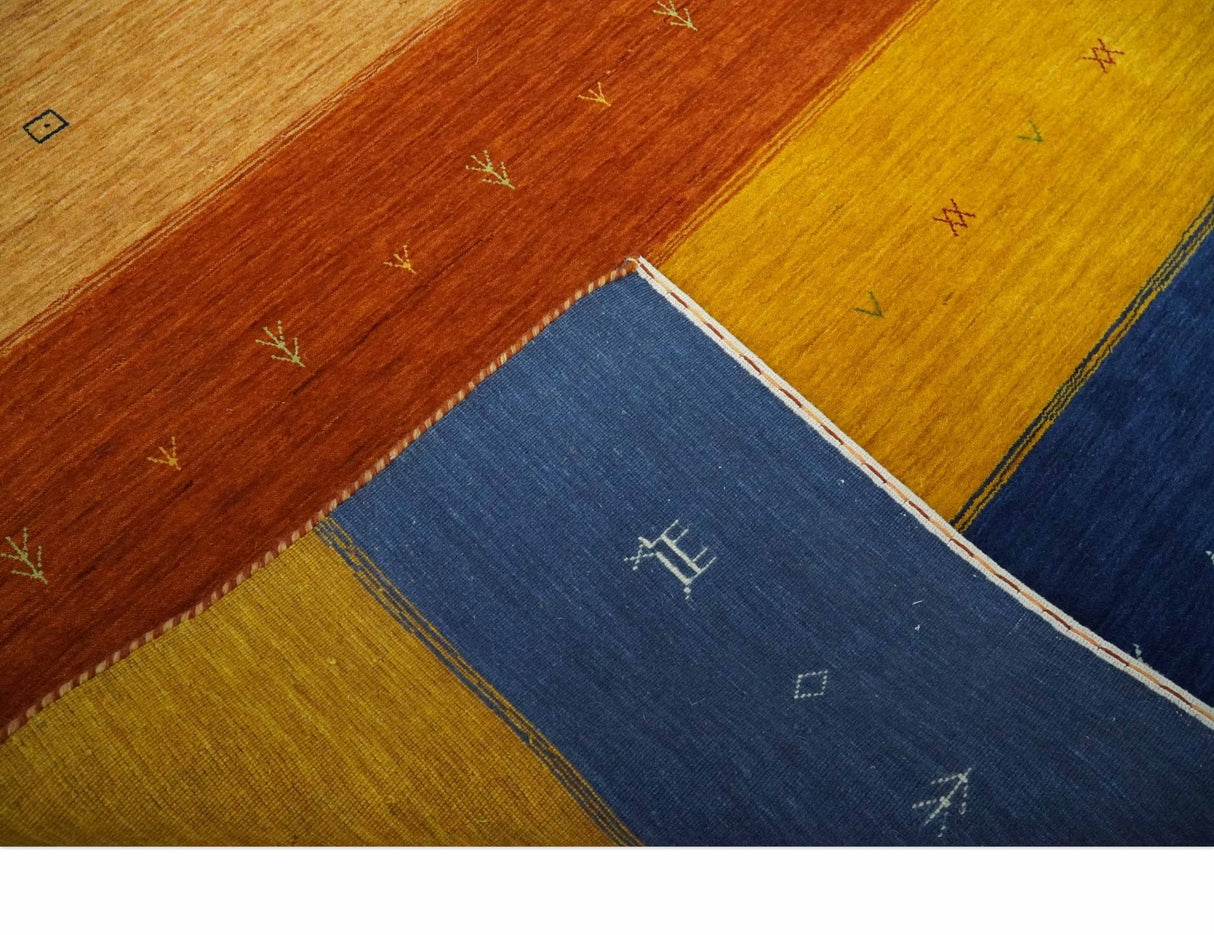 Custom Made Gabbeh Blue, Brown and Gold Stripes Design Wool Rug