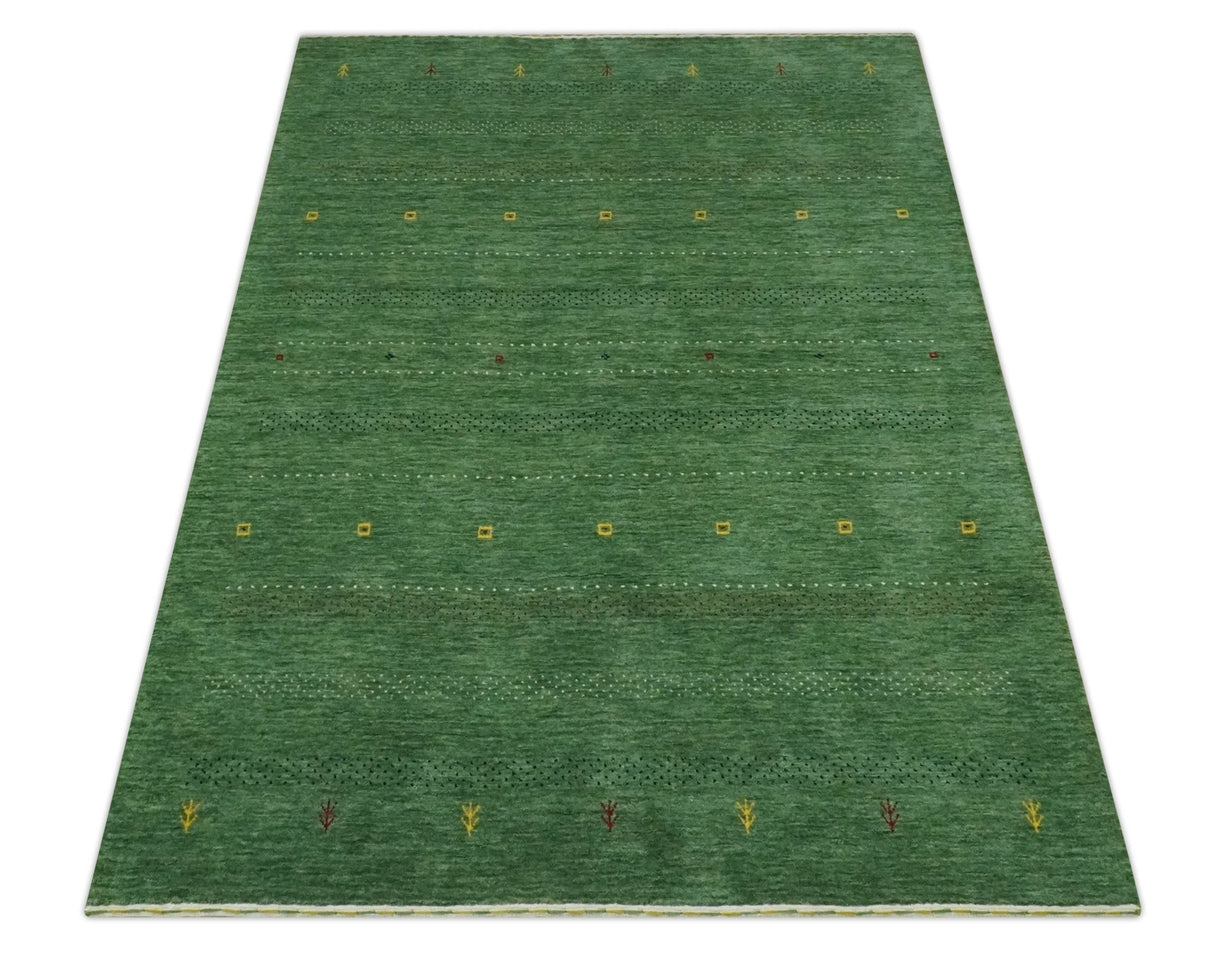 Custom Made Geometrical Stripes Design Green, Ivory and Charcoal wool Area Rug