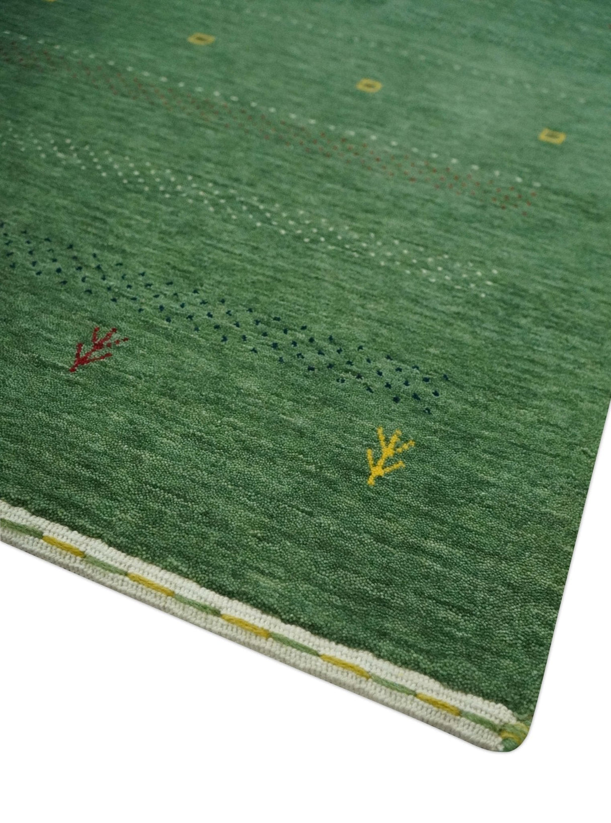 Custom Made Geometrical Stripes Design Green, Ivory and Charcoal wool Area Rug