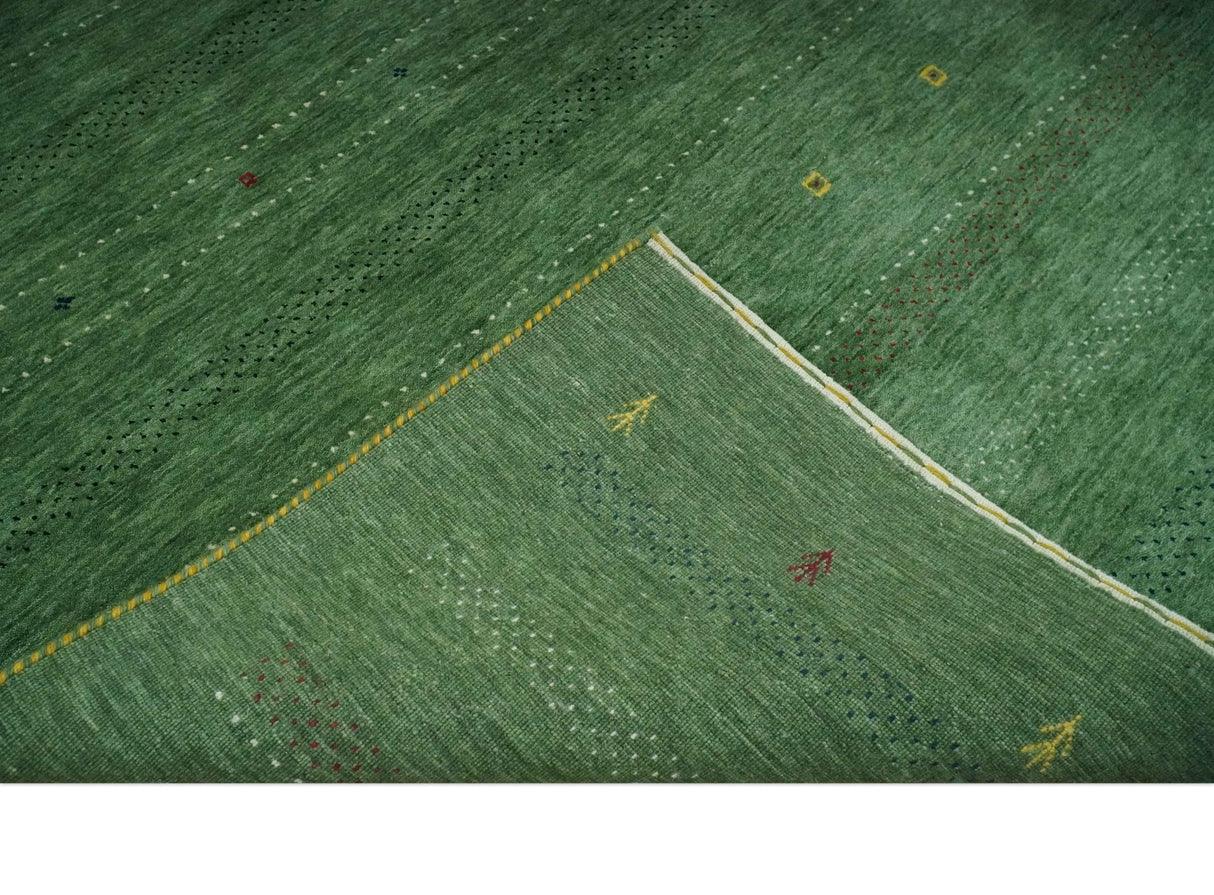 Custom Made Geometrical Stripes Design Green, Ivory and Charcoal wool Area Rug